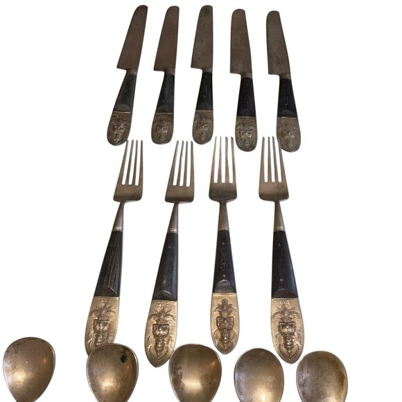 Vintage Rare SIAM Brass Thailand Buddha Flatware Serving Set Thailand 15 Pieces - Picture 2 of 5